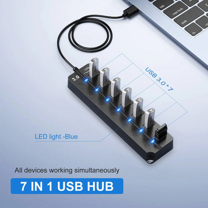 USB 3.0 Hub — 7-Port High-Speed Splitter with Power Adapter, Switch & Long Cable Expander
