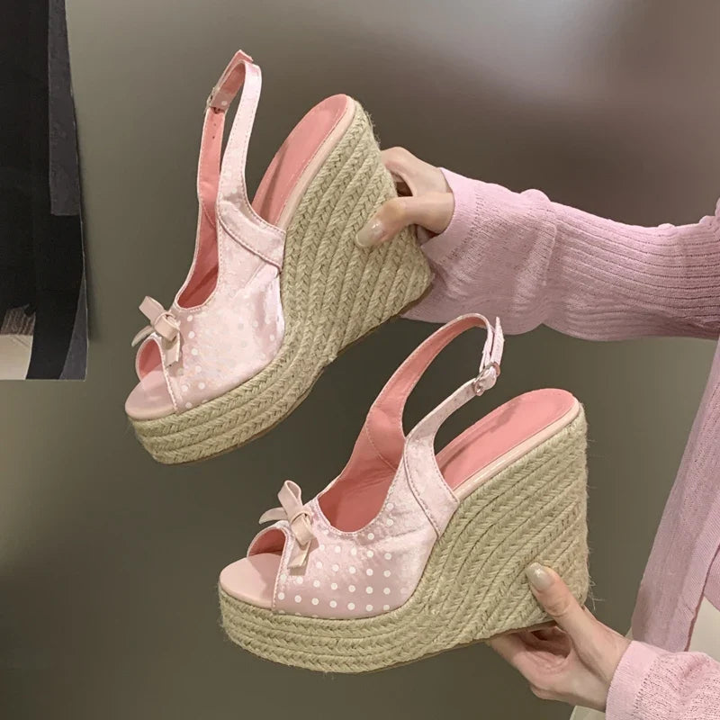 Women’s Grass Woven Wedge Sandals - Retro Butterfly Bow Platform Shoes for Summer