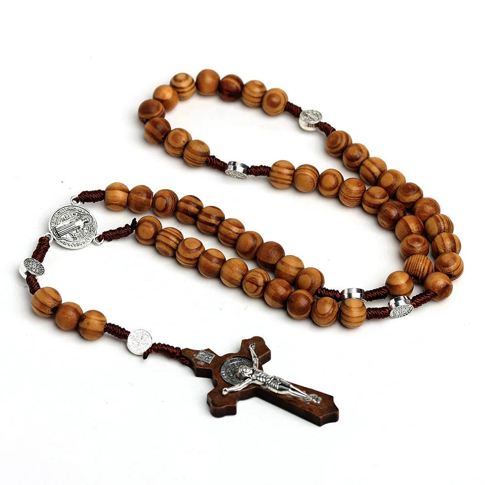 10MM Wood Bead Rosary Cross Necklace – Christian Virgin Mary INRI Pendant Chain for Men & Women Religious Jewelry