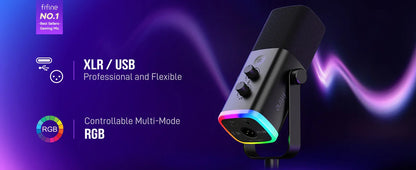 FIFINE AmpliGame AM8 USB/XLR Dynamic Microphone – RGB Control, Headphone Jack, Mute Button for PC Gaming, Recording, and Streaming