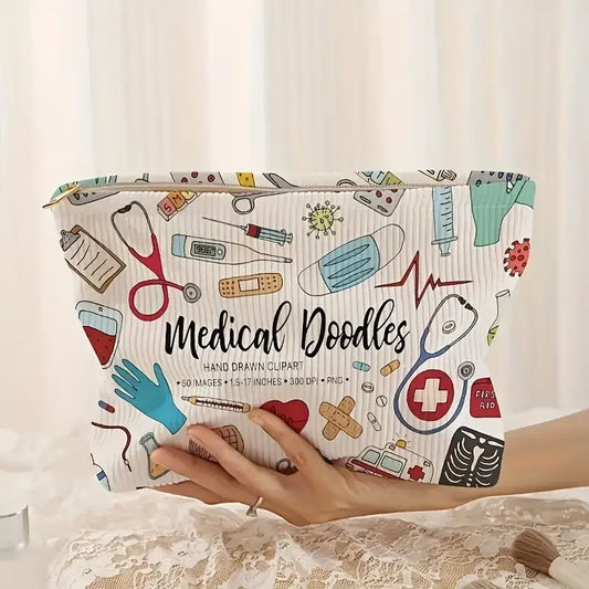 Medical Graffiti Corduroy Makeup Bag – Lightweight Zipper Storage Pouch with Lining