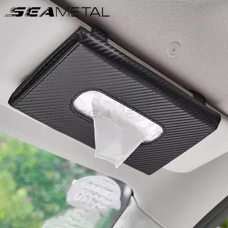 SEAMETAL Car Sunshade Tissue Box – Universal Auto Interior Paper Towel Storage Bag with Carbon Fiber Sun Visor Design