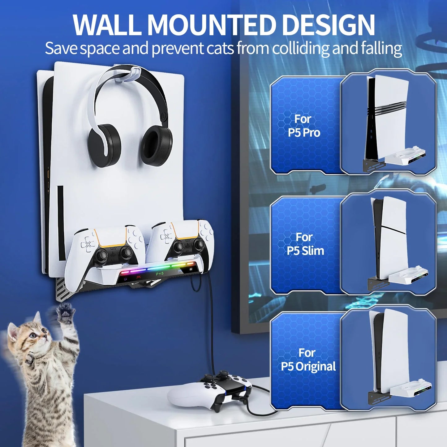 PS5/PS5 Pro/Slim Wall Mount Kit – RGB Light Stand with Charging Station & Headset Hanger for Dual Controllers