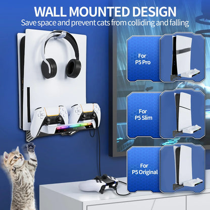 PS5/PS5 Pro/Slim Wall Mount Kit – RGB Light Stand with Charging Station & Headset Hanger for Dual Controllers