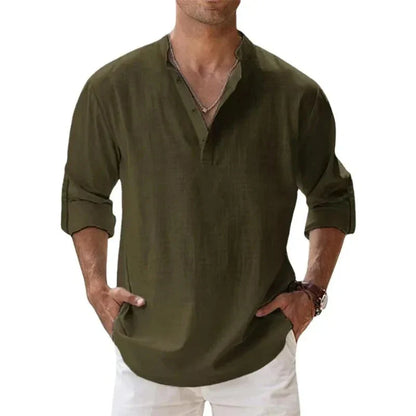 Men’s Lightweight Long Sleeve Henley Shirt — Cotton Linen Streetwear, Beach & Hawaiian Style