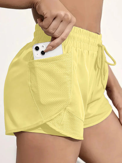 Women’s Elastic Sports Shorts with Pockets – Two-in-One Yoga Leggings for Running & Training