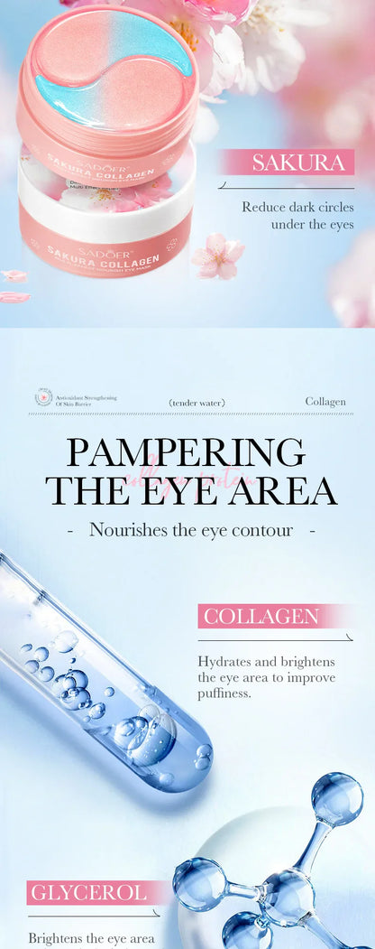 SADOER 60pcs Sakura Collagen Eye Masks — Anti-Dark Circle, Eye Bag Removal, Moisturizing & Firming Eye Patches