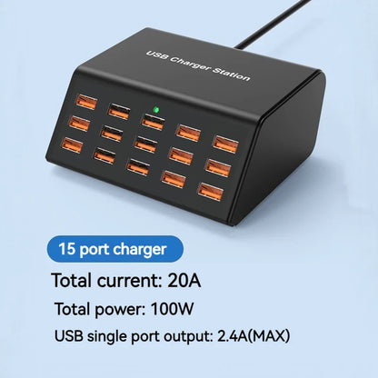 100W Desktop USB Charger — 15-Port Fast Charging Station for iPhone, iPad & Samsung Tablets