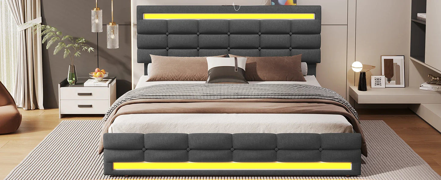 LED Full Size Bed Frame – Upholstered Platform Bed with LED Headboard & Footboard, Square Stitched Tufted Design