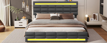 LED Full Size Bed Frame – Upholstered Platform Bed with LED Headboard & Footboard, Square Stitched Tufted Design