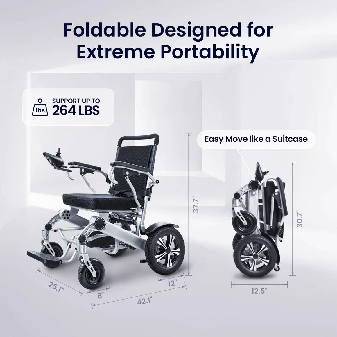 Lightweight Foldable Electric Wheelchair for Adults – Portable All-Terrain Motorized Chair, 264 Lbs Capacity