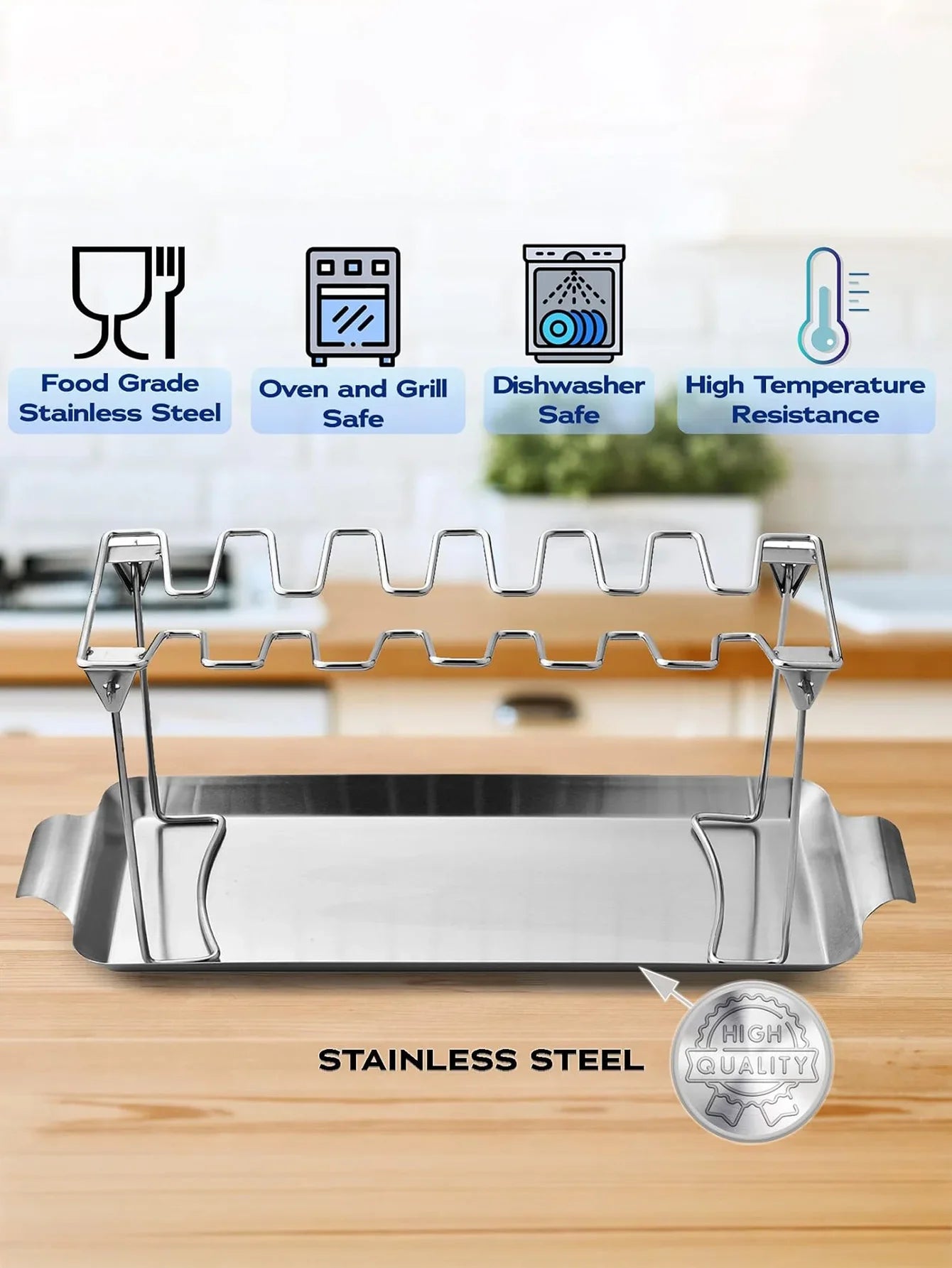 14-Slot Stainless Steel Chicken Leg Rack with Drip Tray – Heavy-Duty Grill & Smoker Wing/Drumstick Holder