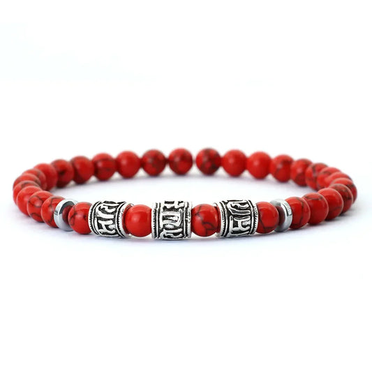 Noter Mantra Bracelet for Men – 6mm Howlite, Lava, and Tiger Eye Beads, Viking Accessories, Tibetan Bracelet