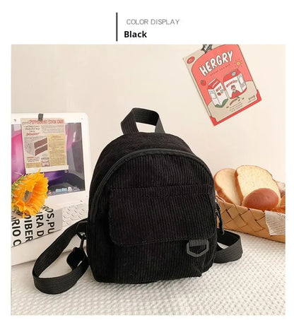 Women's Mini Backpack - Fashionable Solid Color Corduroy Casual Schoolbag with Large Capacity