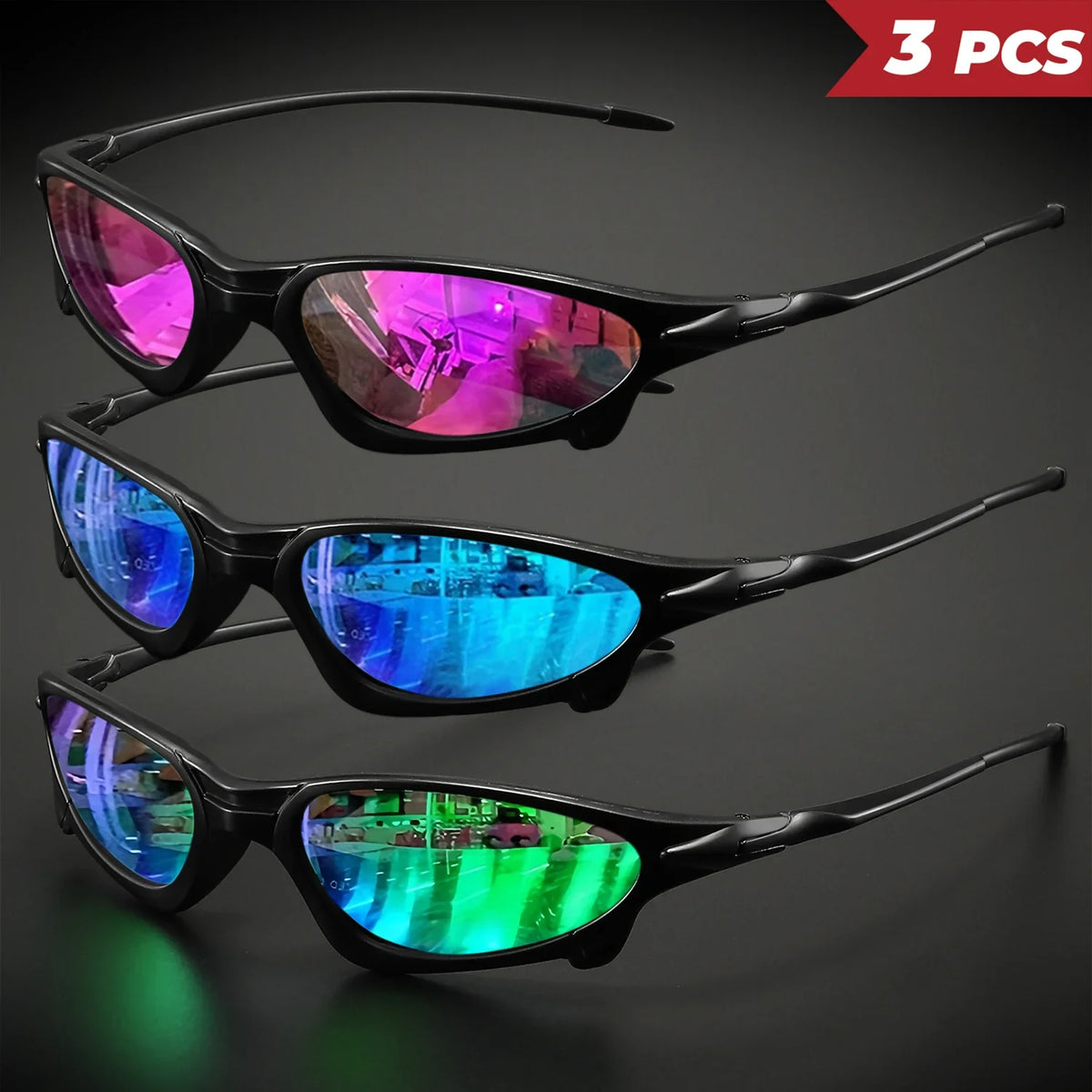 3PCS Futuristic Sports Sunglasses Set – Small Frame Wraparound UV400 Eyewear | Colorful Cycling, Fishing & Travel Protective Outdoor Sunglasses