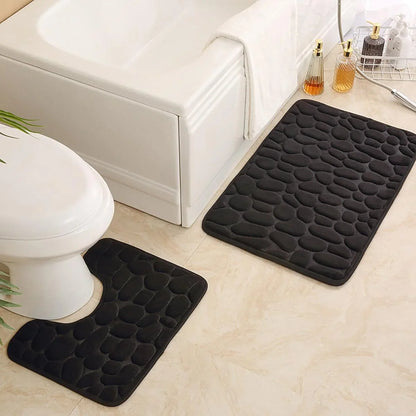 2PC Embossed Stone Pattern Toilet & Door Mats – Water-Absorbent, Non-Slip, Washable Home Decor Carpet