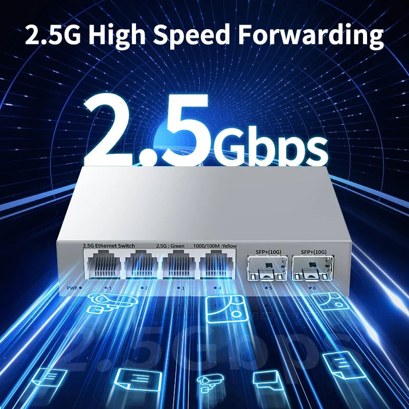 HORACO 2.5Gb Ethernet Switch - 4-Port 2.5G RJ45 with 2-Port 10G SFP+ Fanless Unmanaged Network Switch