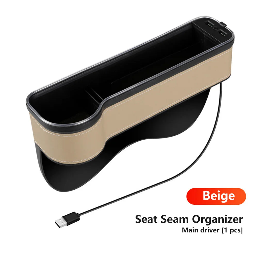 Car Crevice Storage Box with 2 USB Charger – LED Seat Gap Organizer, Phone, Bottle, and Cup Holder