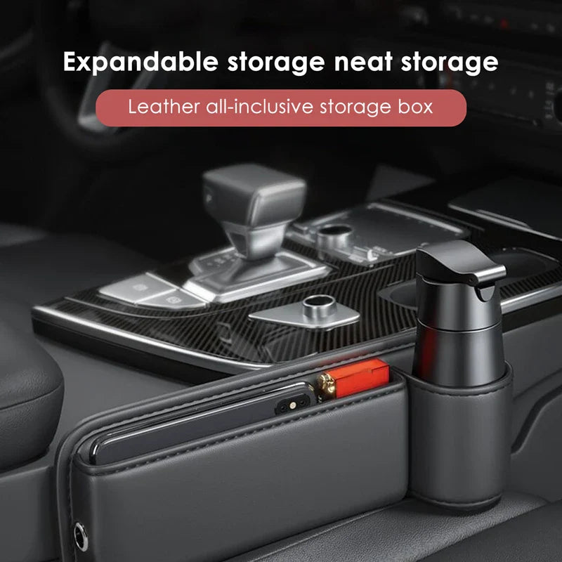 Leather Car Seat Gap Organizer – Multifunction Console Crevice Filler, Side Storage Box with Cup Holder, Car Interior Storage Pocket