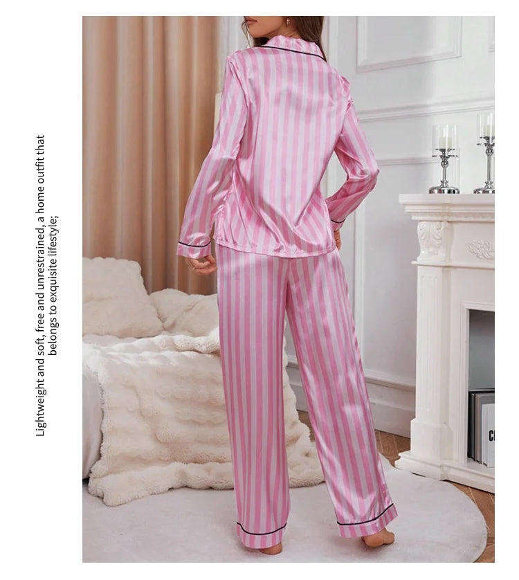 Women’s Stripe Print Satin Pajama Set – Victorian Style Long Sleeve Top & Pants Autumn Sleepwear