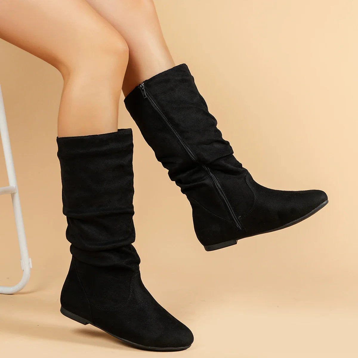 Pleated PU Women’s Fashion Boots – Casual Side-Zip Round Toe Flat High Solid Color Boots