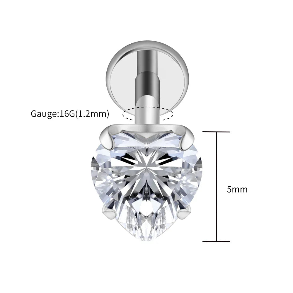 Right Grand ASTM F136 Titanium 16G Heart CZ Threaded Labret Stud – 3mm/4mm/5mm CZ Cartilage, Tragus, Helix & Nose Piercing Jewelry