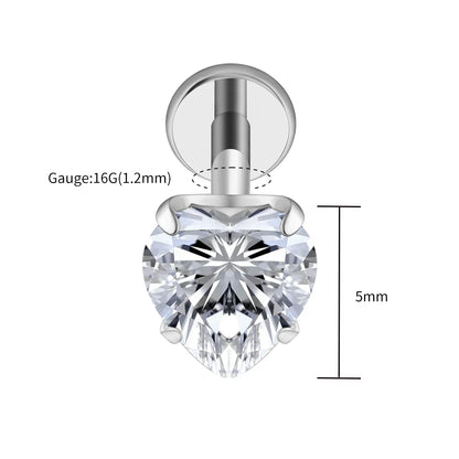 Right Grand ASTM F136 Titanium 16G Heart CZ Threaded Labret Stud – 3mm/4mm/5mm CZ Cartilage, Tragus, Helix & Nose Piercing Jewelry