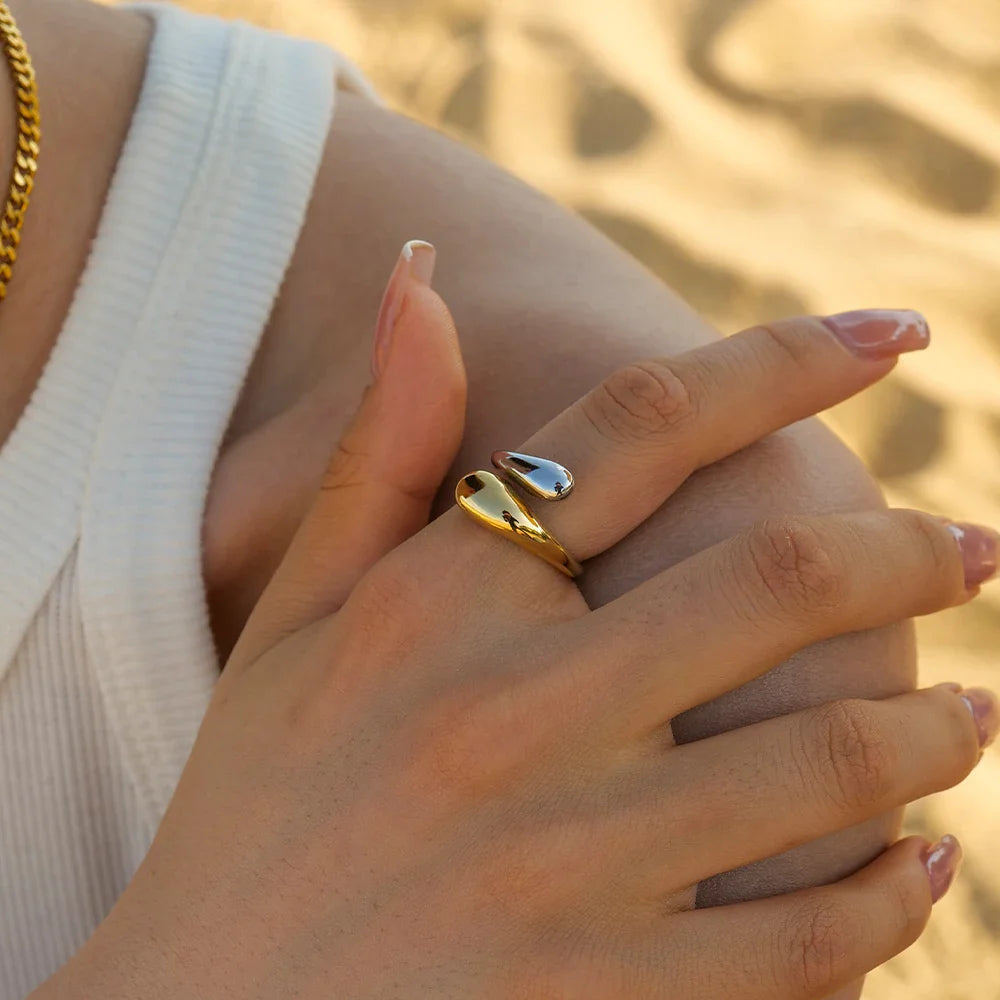 Vintage 18K Gold Plated Stainless Steel Ring – Double Line Irregular Open End Jewelry for Women