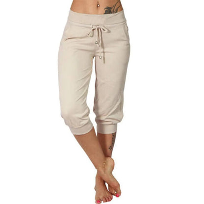 Women’s Cotton Linen Jogger Capris - Solid Color Summer Casual Pants with Double Pockets for Beach & Vacation Wear