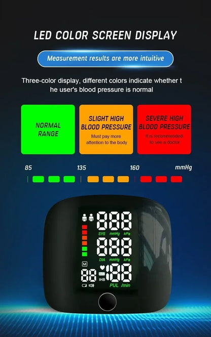 LED Rechargeable Wrist Blood Pressure Monitor – English, Russian, Portuguese, Spanish Voice Broadcast Tonometer