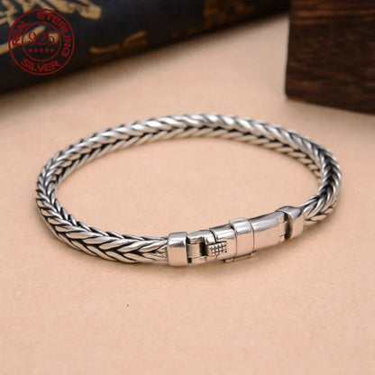 100% S925 Sterling Silver Handmade Woven Bracelet — Retro Domineering Style for Men & Women, Pure Silver Jewelry