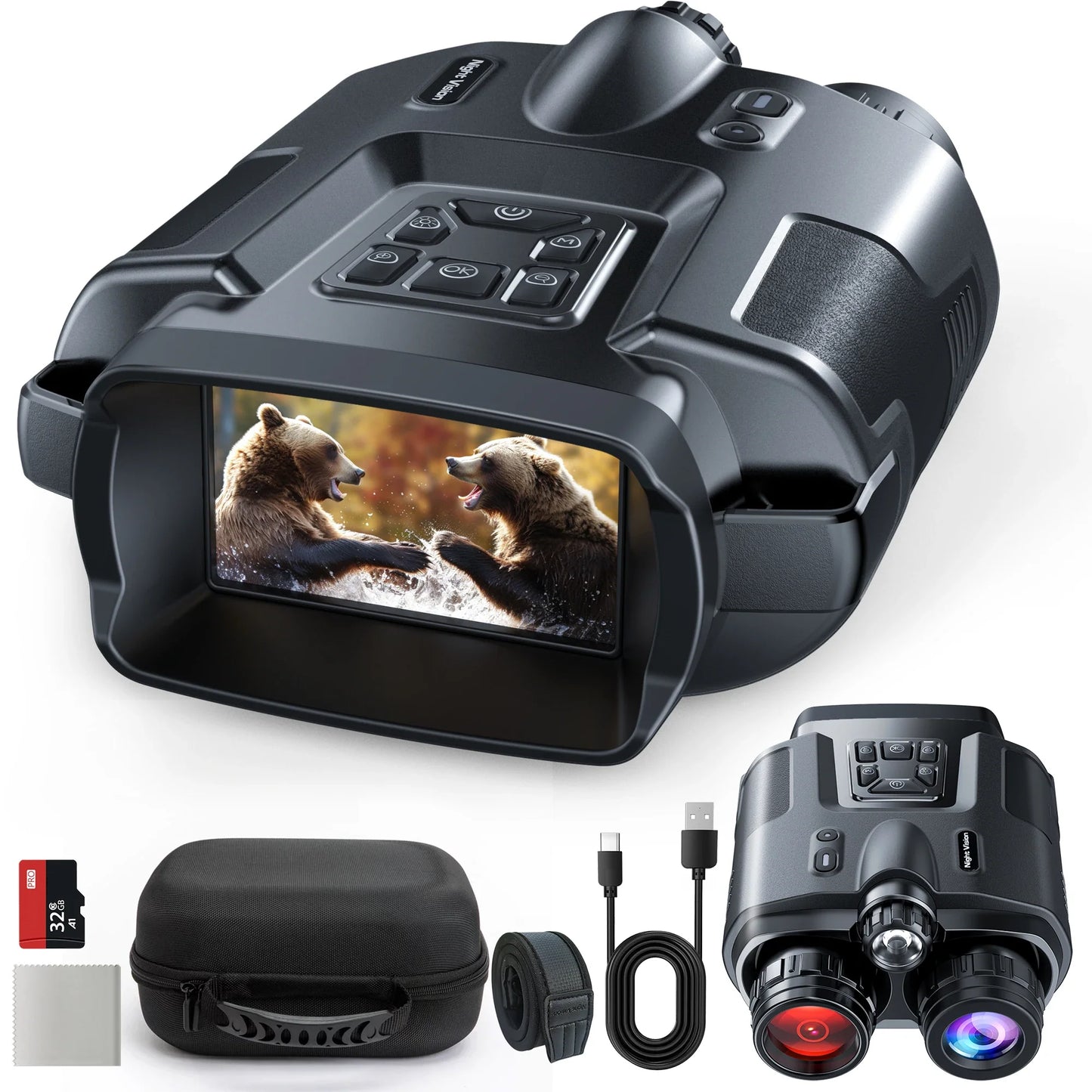 4K Night Vision Binoculars with 32GB, 8X Digital Zoom & Infrared Goggles – 3” Screen Tactical Hunting & Camping