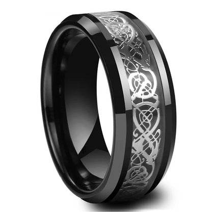 Charm Couple Rings Set - Stainless Steel Celtic Dragon Ring for Men & Heart Black Zircon Wedding Rings for Women, Valentine's Day Jewelry