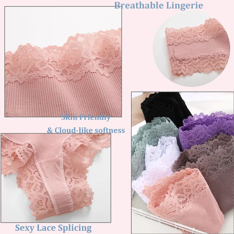 3PCS Lace Seamless Cotton Panties - Ribbed Brazilian Low Waist, Breathable Women’s Underwear, Plus Size Lingerie