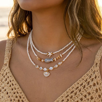 Bohemian Shell Layered Necklace - Vintage Starfish & Turtle Blue Beaded Beach Jewelry for Women