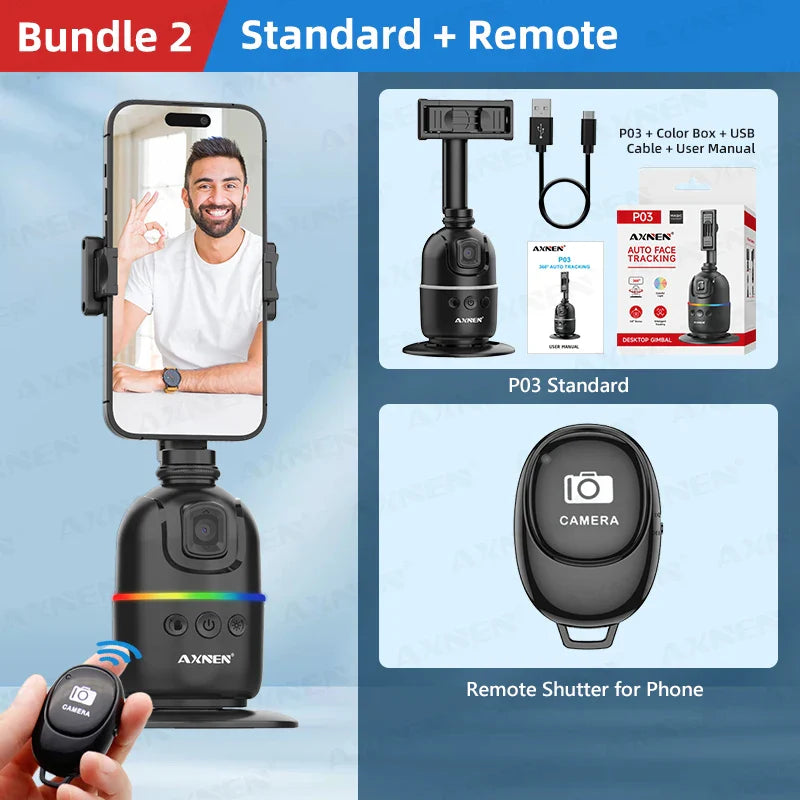 Smart Auto Face Tracking AI Gimbal – 360° Desktop Vlog Stabilizer for Smartphone & Action Camera (Tripod Optional)