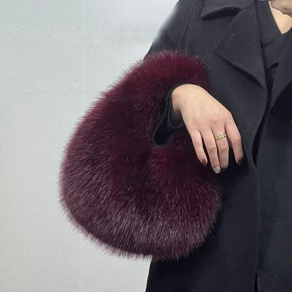 Plush Half Moon Bag - Soft Faux Fur Women's Handbag Winter Luxury Shoulder Purse