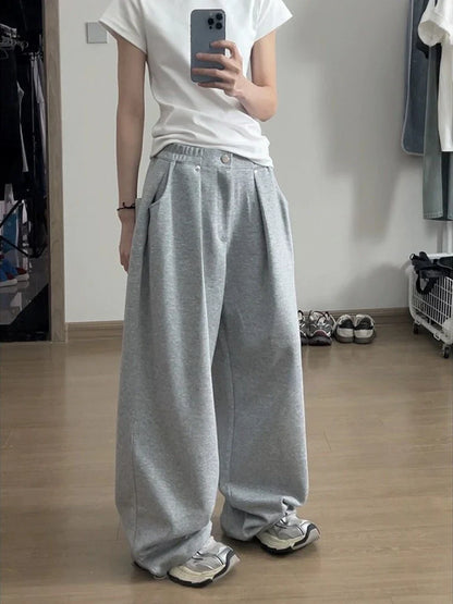 HOUZHOU Vintage Baggy Sweatpants for Women – Y2K Korean Wide-Leg Pants, Zipper Fly, Casual Streetwear, Autumn 2024 Loose Fit