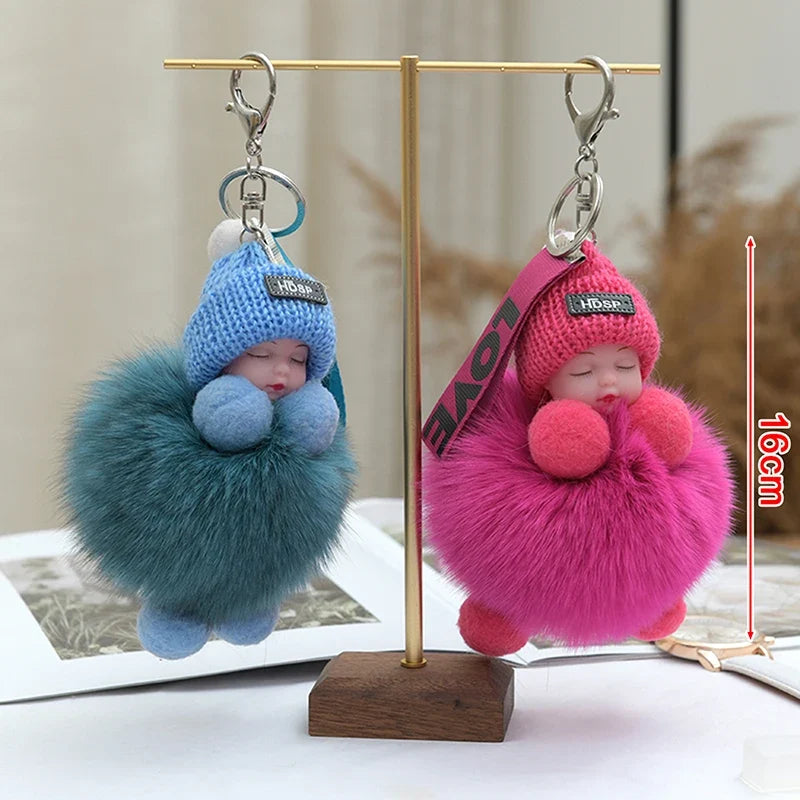 Pompom Sleeping Baby Keychain - Fluffy Plush Doll Keyring for Bags, Cars & Gift Decoration