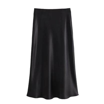 Willshela 2024 Women’s Black Satin High Waist Midi Skirt – Elegant Long Office & Summer Fashion Skirt for Women, Slim Fit Casual Wear