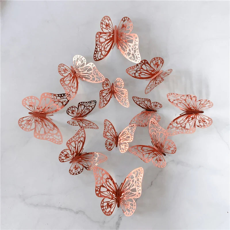 12PCS 3D Hollow Butterfly Wall Stickers – Gold, Silver & Rose Decorative Decals for Wedding, Living Room & Home Decor