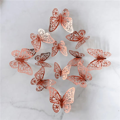 12PCS 3D Hollow Butterfly Wall Stickers – Gold, Silver & Rose Decorative Decals for Wedding, Living Room & Home Decor