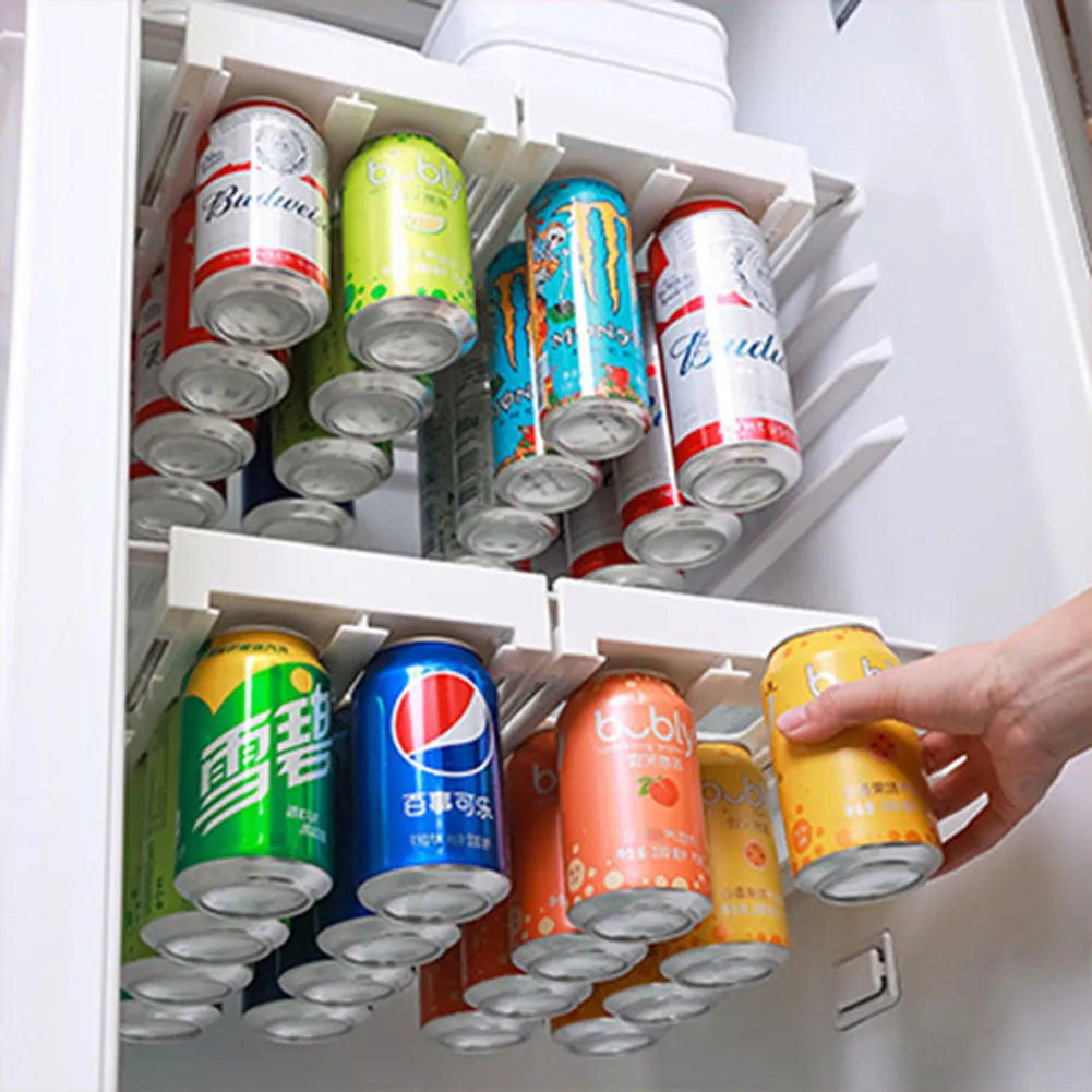 Refrigerator Beer Soda Can Storage Rack - Double-Row Beverage Organizer Shelf for Soda Cans - Kitchen Fridge Container with Slide-Under Design