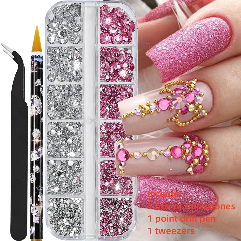 12-Grid 3D Glass AB Crystal Nail Art Rhinestones Kit – Flatback Round Beads with Tools for Nail Jewelry & Diamond Decoration