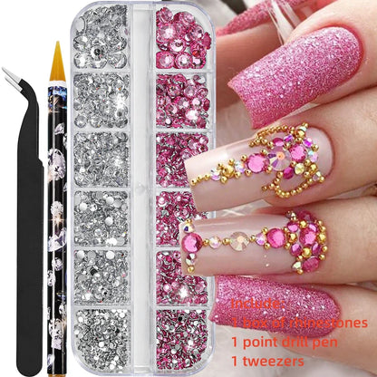 12-Grid 3D Glass AB Crystal Nail Art Rhinestones Kit – Flatback Round Beads with Tools for Nail Jewelry & Diamond Decoration