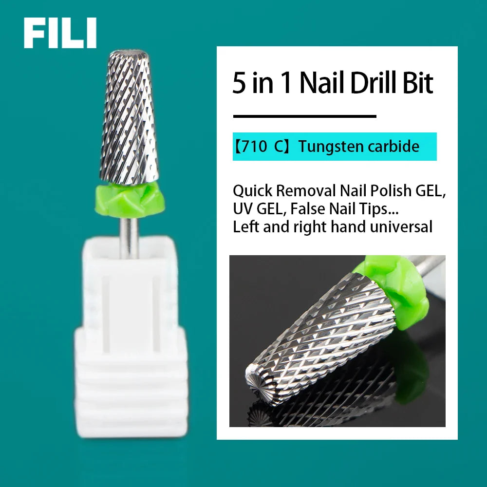 5-in-1 Tungsten Carbide Nail Drill Bits - Nail Art Equipment, Rotary Mills Cutter for UV Gel Removal & Manicure Tool
