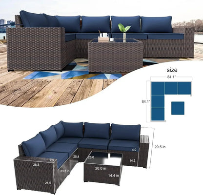 6-Piece Outdoor Patio Furniture Set – PE Wicker Rattan Sectional Sofa with Navy Blue Cushions, Fast Shipping