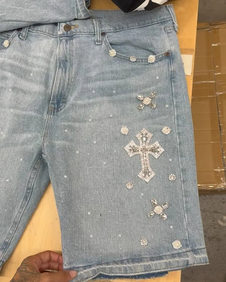 Y2K Gothic Rhinestone Denim Shorts — Diamond Cross Embroidered Hip Hop Jorts for Men & Women