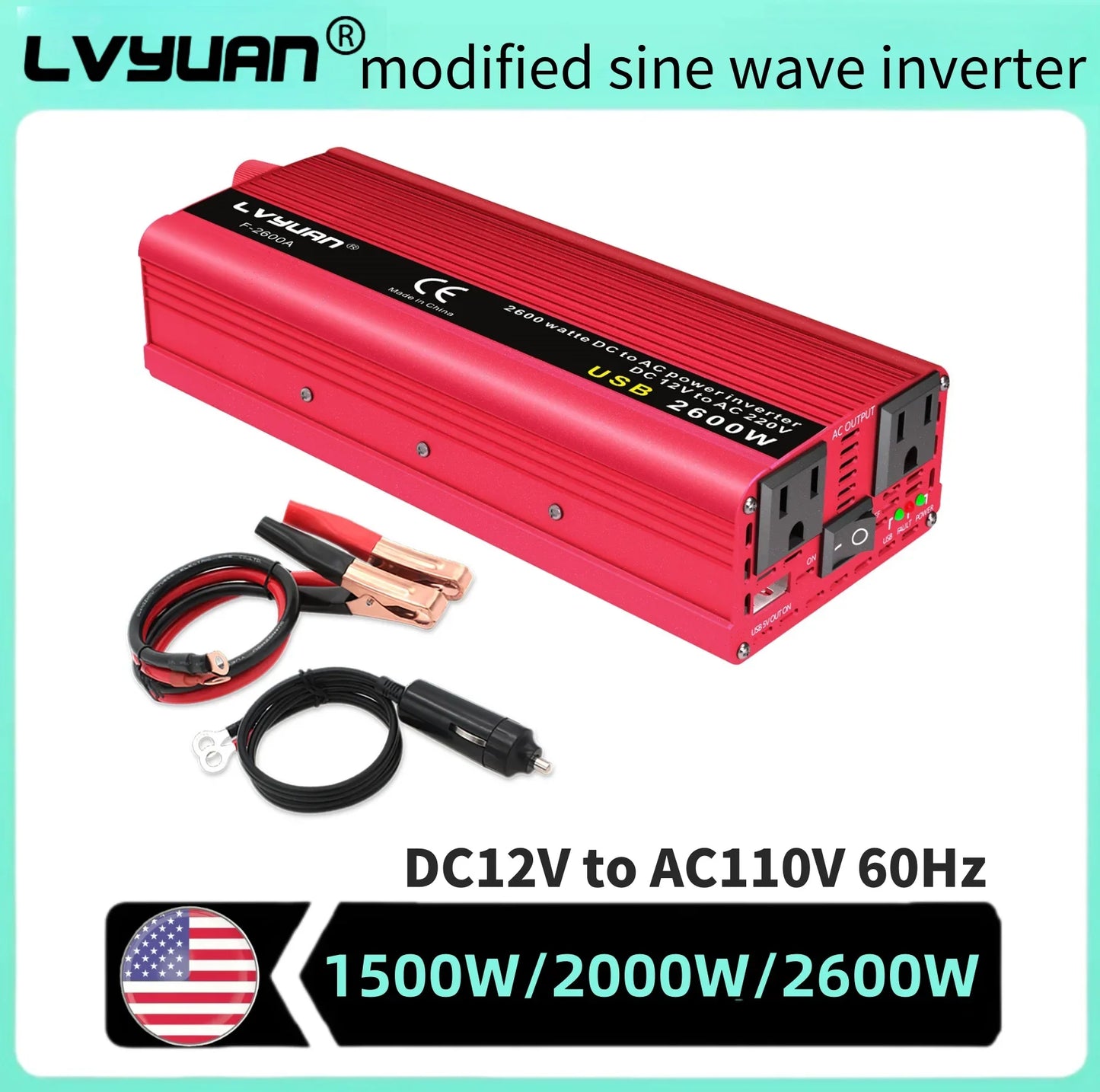 1500W-2600W Car Power Inverter – Portable DC12V to AC110V Charger for Phone, Laptop, Camera with US Socket