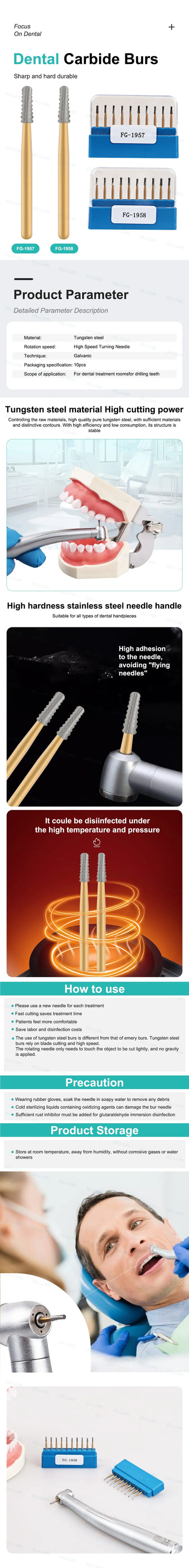 10Pcs/Box FG1957/FG1958 Dental Carbide Burs - Golden High-Speed Tungsten Steel for Crown Metal Cutting, Dentistry Tools